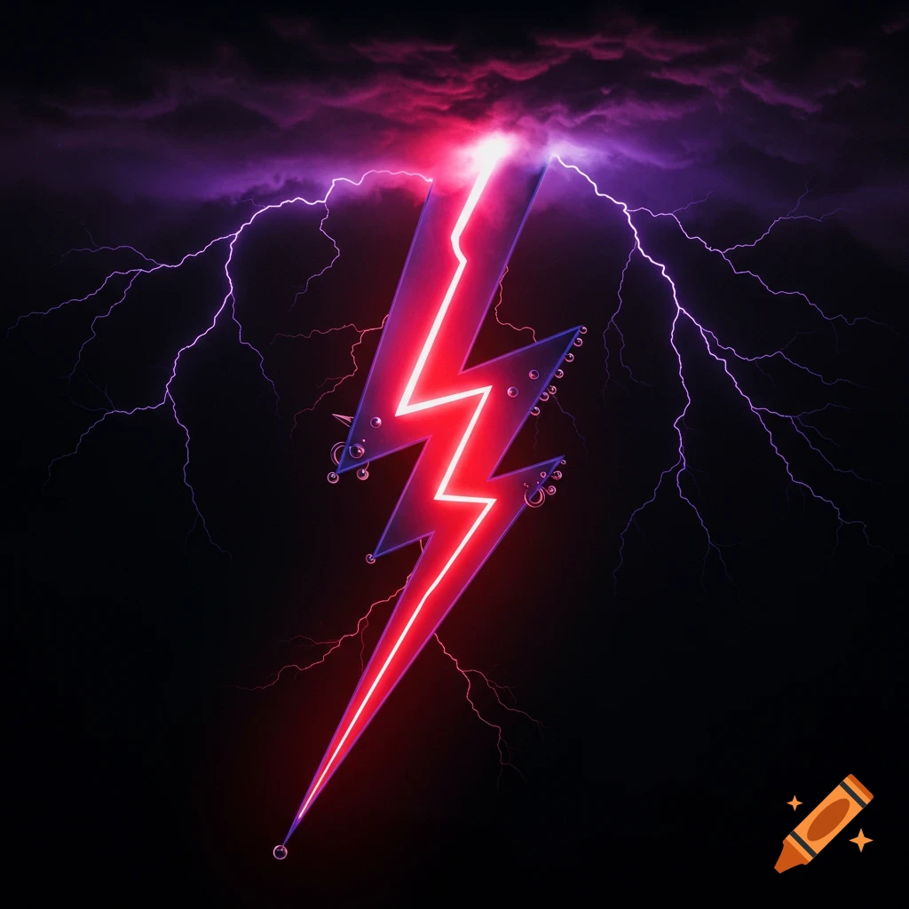 A bright red neon lightning bolt with metallic piercings, set against a dark, stormy sky with purple lightning.