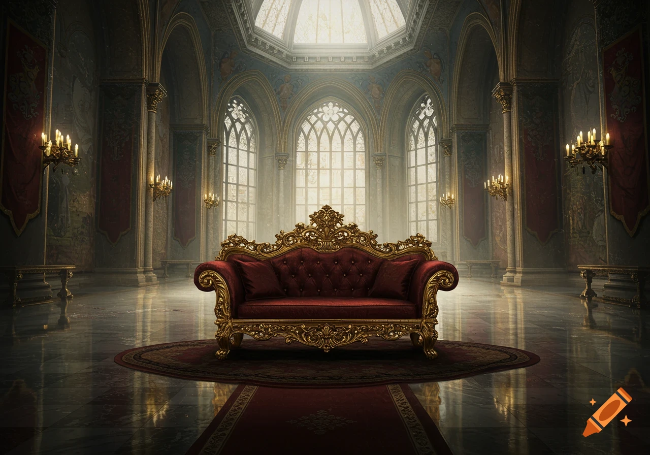 An ornate red velvet and gold couch sits centrally in a grand, sunlit palace ballroom with high arched windows and chandeliers.