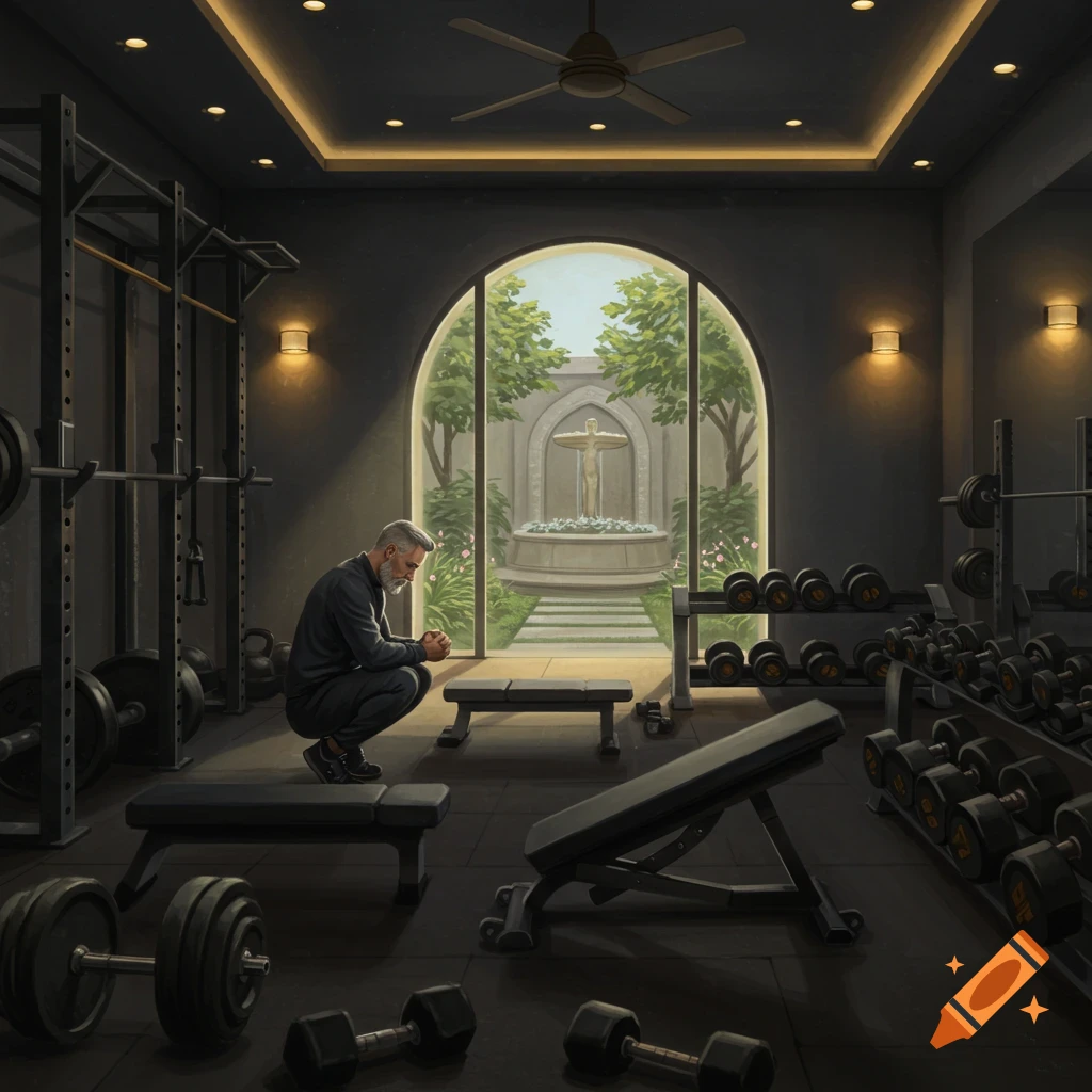 A man in a gym squats, looking down. Through a large arched window, a courtyard with a cross sculpture is visible.