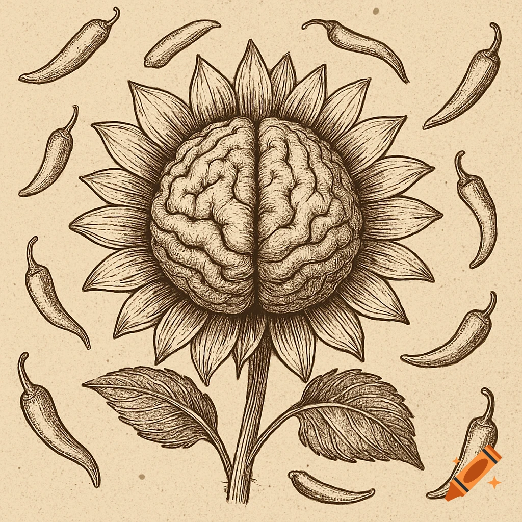 Vintage scientific illustration of a brain within a sunflower, surrounded by scattered chili peppers.