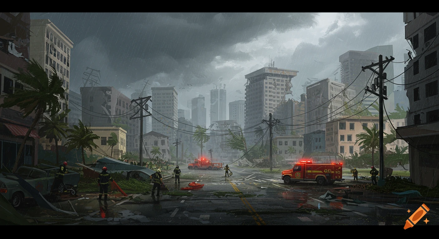 A photorealistic illustration of a city destroyed by a hurricane, with damaged buildings, debris, heavy rain, and firefighters assessing the scene with fire trucks.