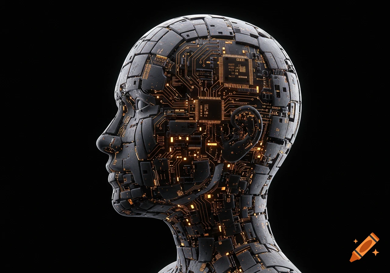 Side profile of a human-like head made of dark circuit boards with glowing orange lights, against a black background.