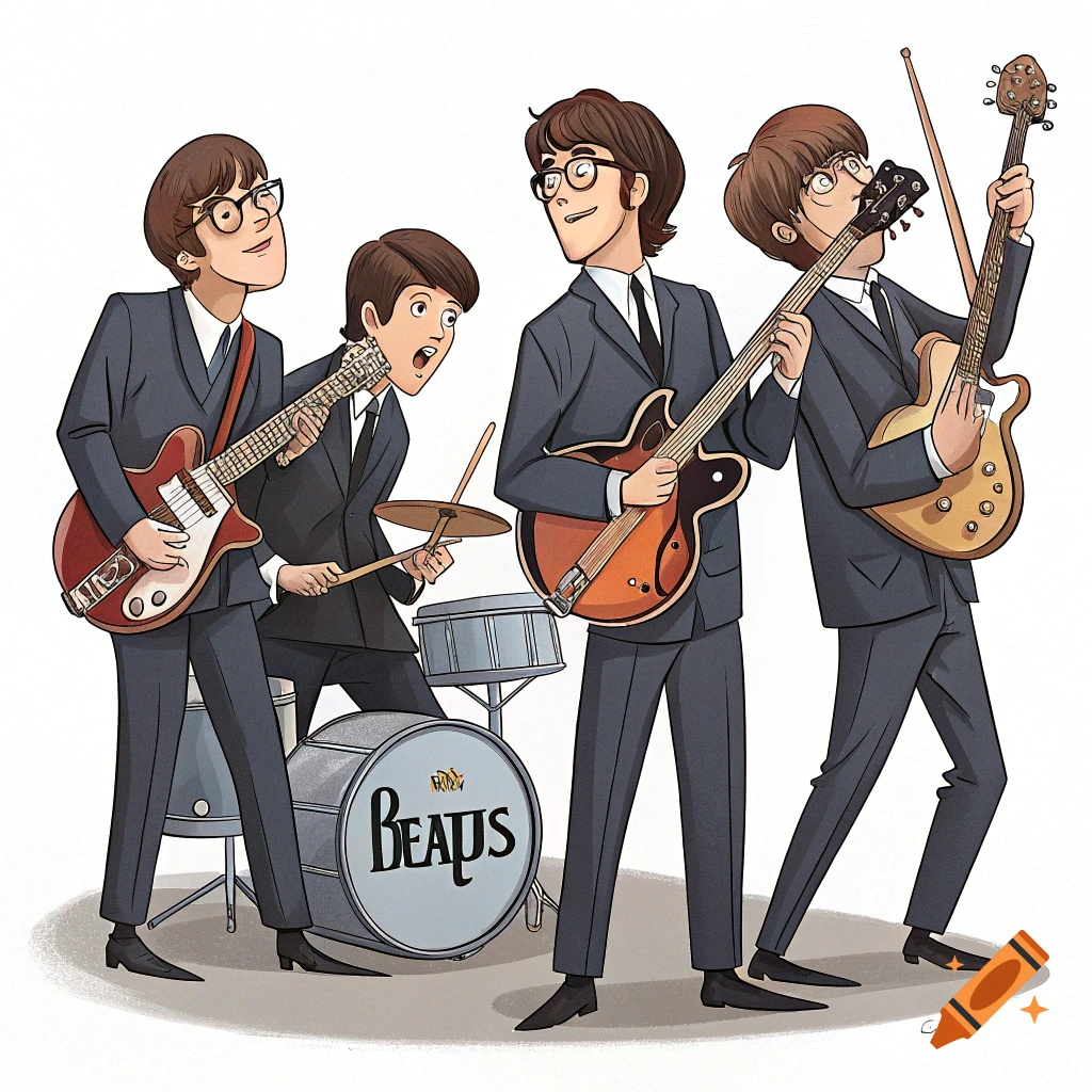 A cartoon illustration of The Beatles, with four male band members playing guitars and drums, on a white background.