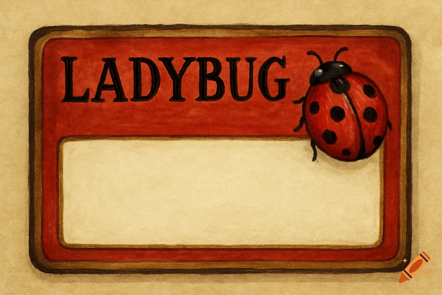 A watercolor illustration of a red name badge with the word 'LADYBUG' and a ladybug illustration next to a blank name field.