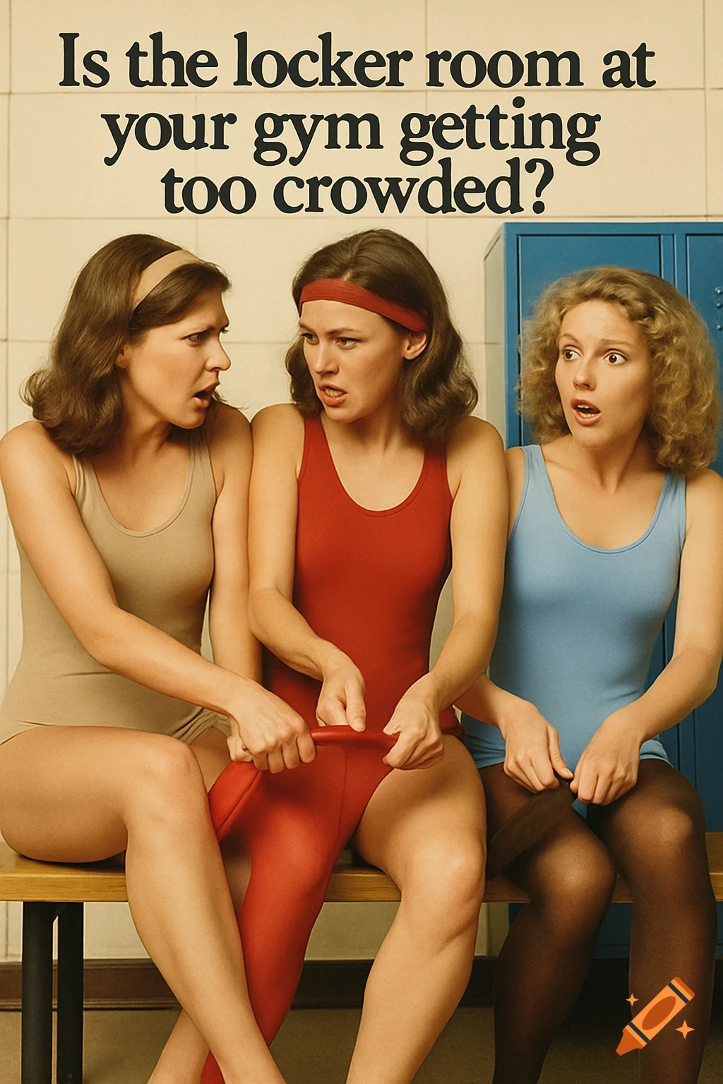 1970s gym ad: Three women in leotards struggle with tangled tights on a locker room bench. Text: Is the locker room at your gym getting too crowded?