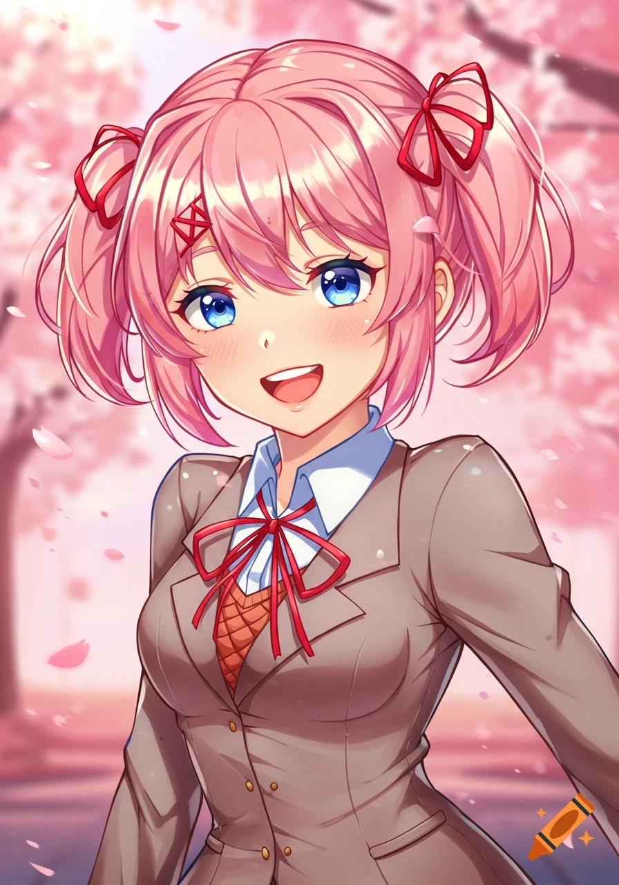 Anime girl with pink pigtails, red bows, blue eyes, and a happy smile, wearing a school uniform, against pink cherry blossoms.