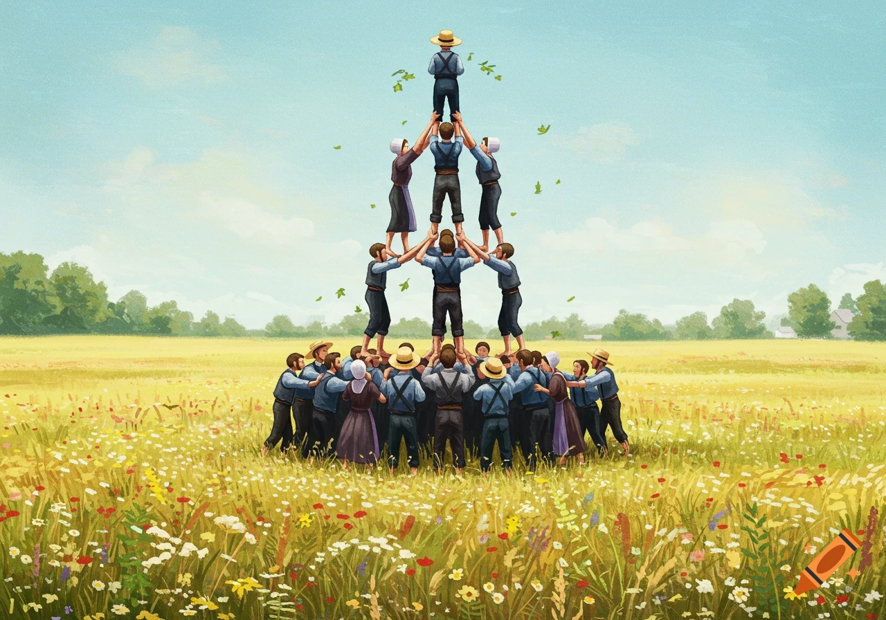 Amish people form a human pyramid in a sunny field of wildflowers under a blue sky, in an illustrative style.
