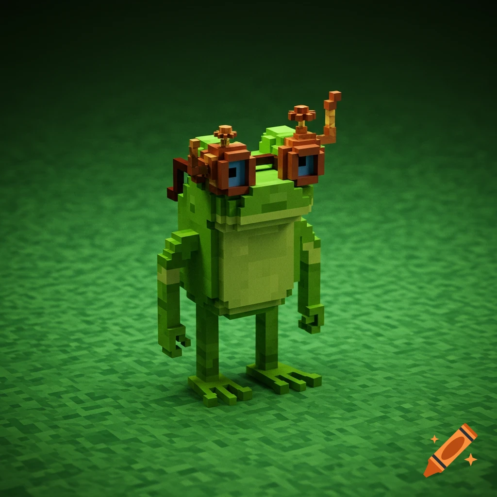 A pixelated green frog wearing steampunk goggles stands on a green, pixelated grassy surface.