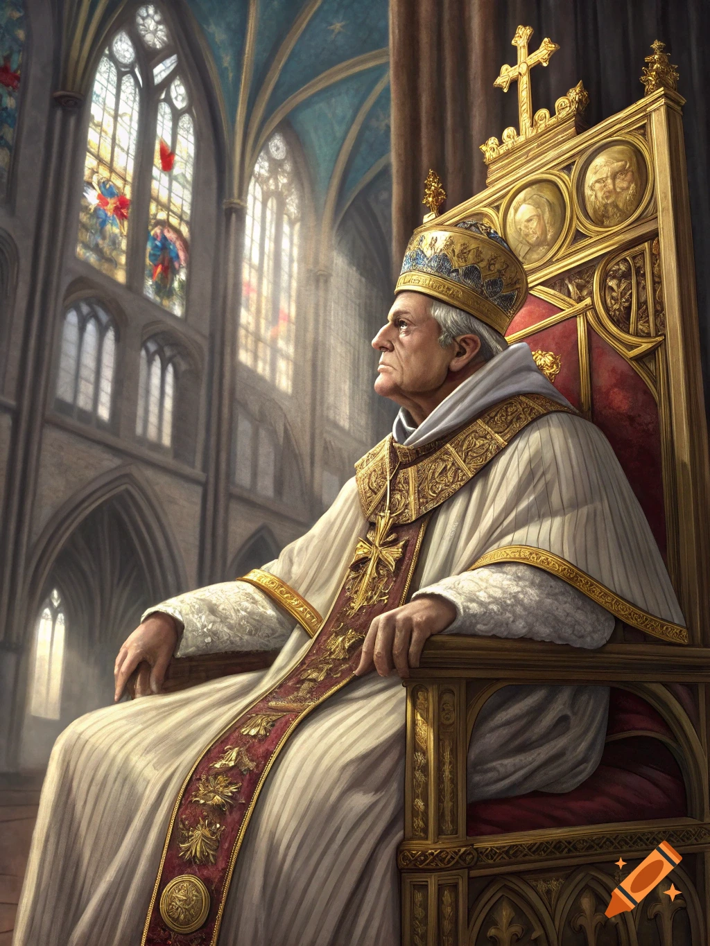 An elderly Pope in elaborate white and gold vestments sits on a golden throne in a gothic cathedral, looking left.