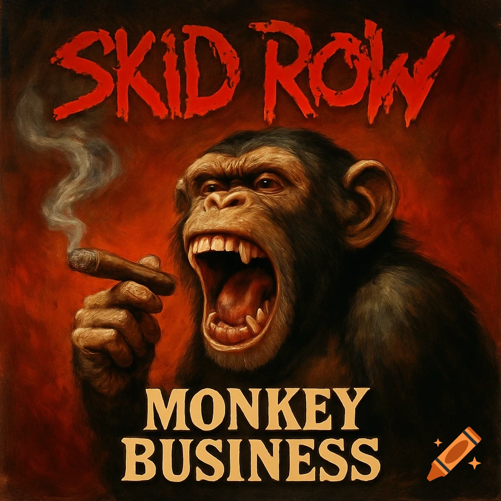 A chimpanzee holding a lit cigar with its mouth open against a red background. Text reads 'SKID ROW' and 'MONKEY BUSINESS' above and below the ape, in an album art style.