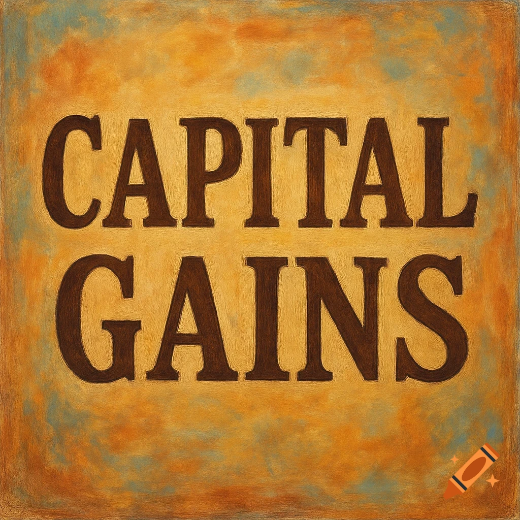 The words 'CAPITAL GAINS' in brown block letters on a textured orange and brown background, resembling an old painting or sign.