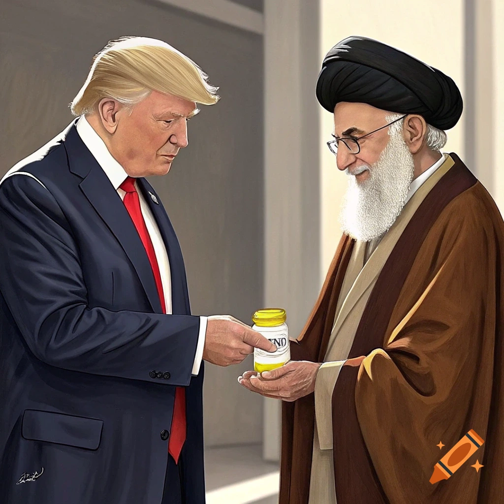 An illustration depicting Donald Trump handing a small yellow jar to Ali Khamenei, who is smiling. Both figures are in formal attire.