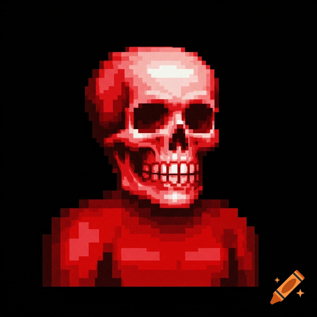 A heavily pixelated, red skull is depicted against a stark black background, in an 8-bit style.
