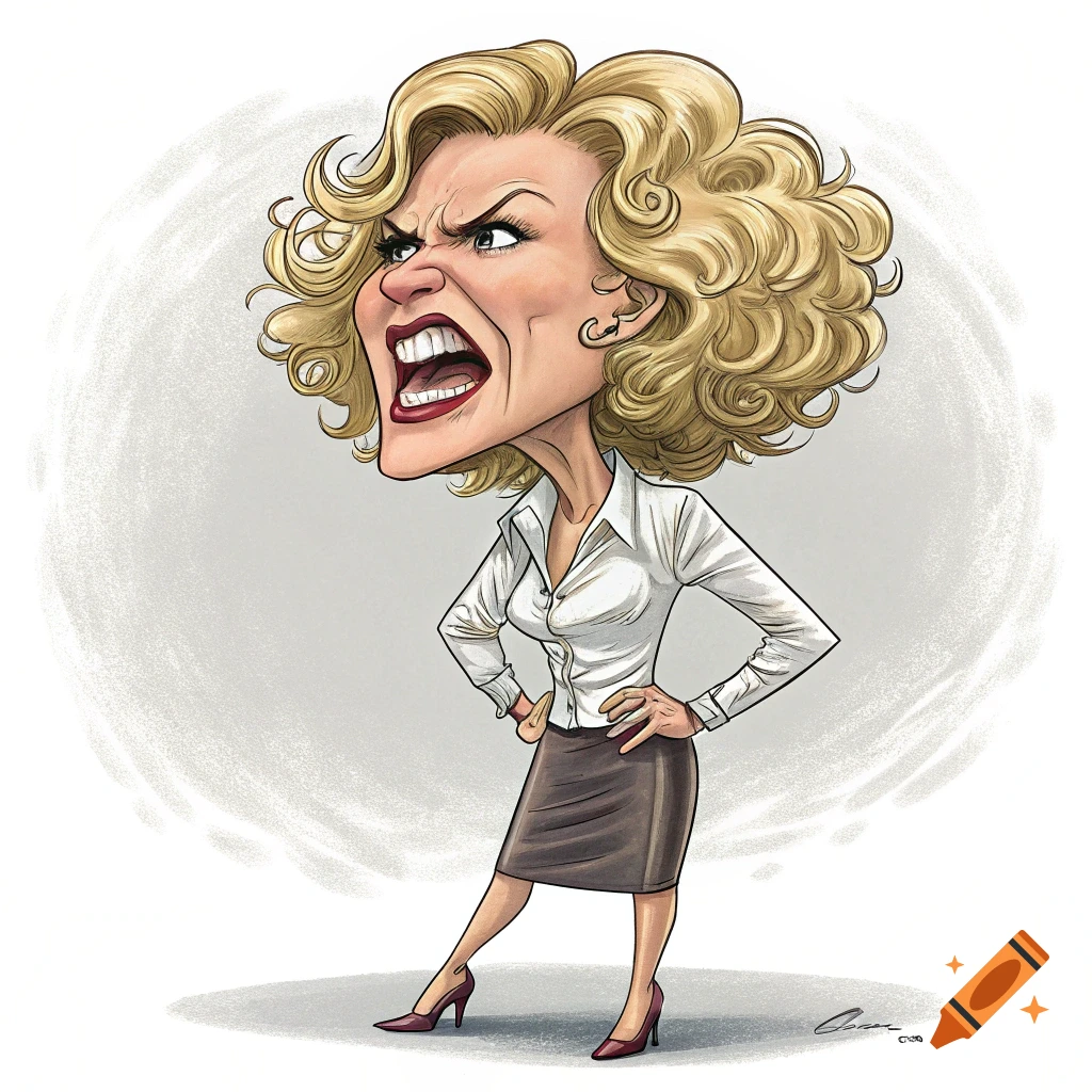 Cartoon caricature of an angry woman with blonde curly hair, wearing a white shirt and brown skirt, hands on hips.