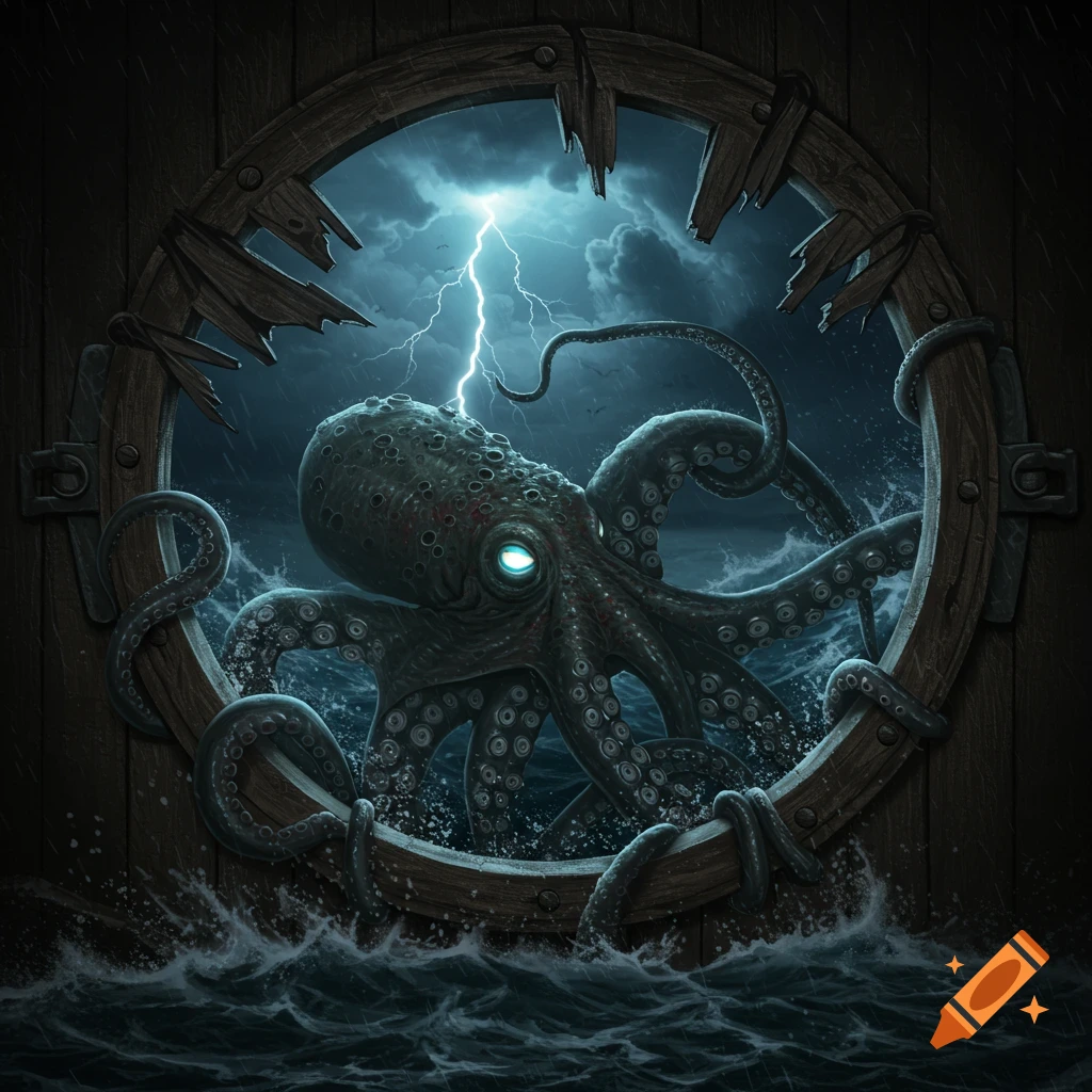 A giant, glowing-eyed kraken emerges from a broken wooden porthole, tentacles writhing amidst crashing waves and a lightning-struck stormy sky.