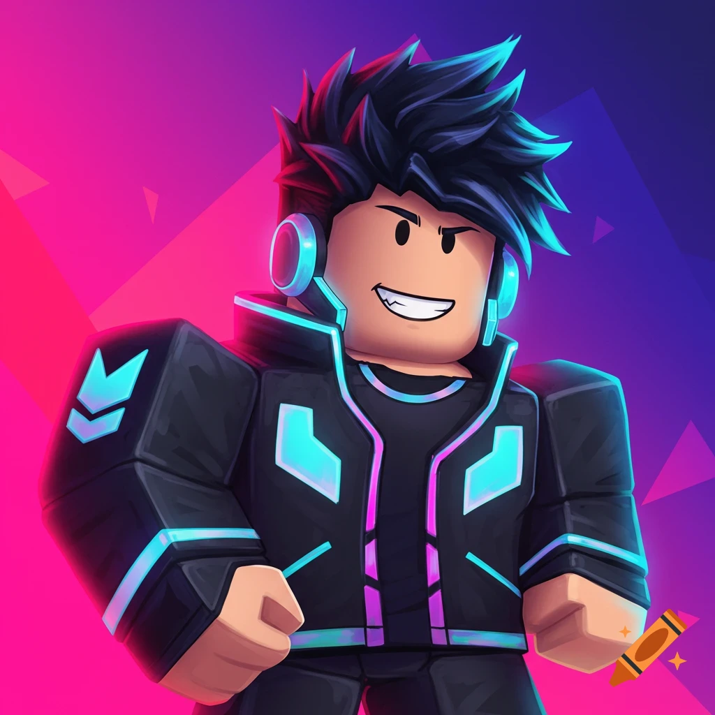 A Roblox avatar with black spiky hair, a glowing blue and purple jacket, and headphones against a pink and blue background.