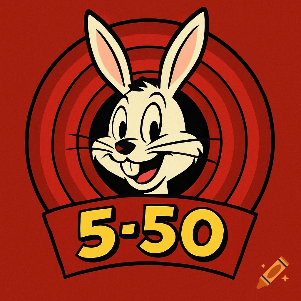 A cartoon rabbit in a Looney Tunes style logo with red concentric circles, and the yellow numbers 5-50 in a banner below.