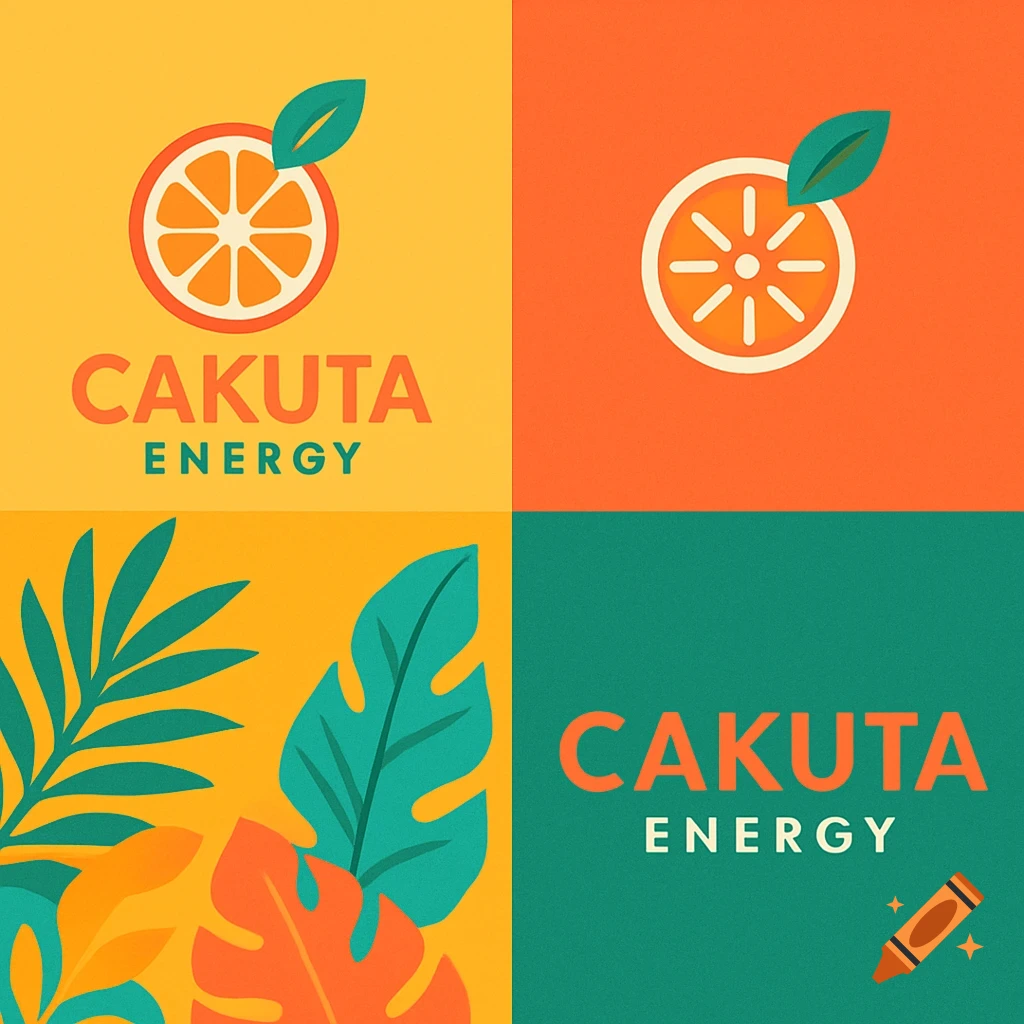 A 2x2 grid of vibrant, minimal branding concepts for CAKUTA ENERGY, featuring orange slice logos, tropical leaves, and text.