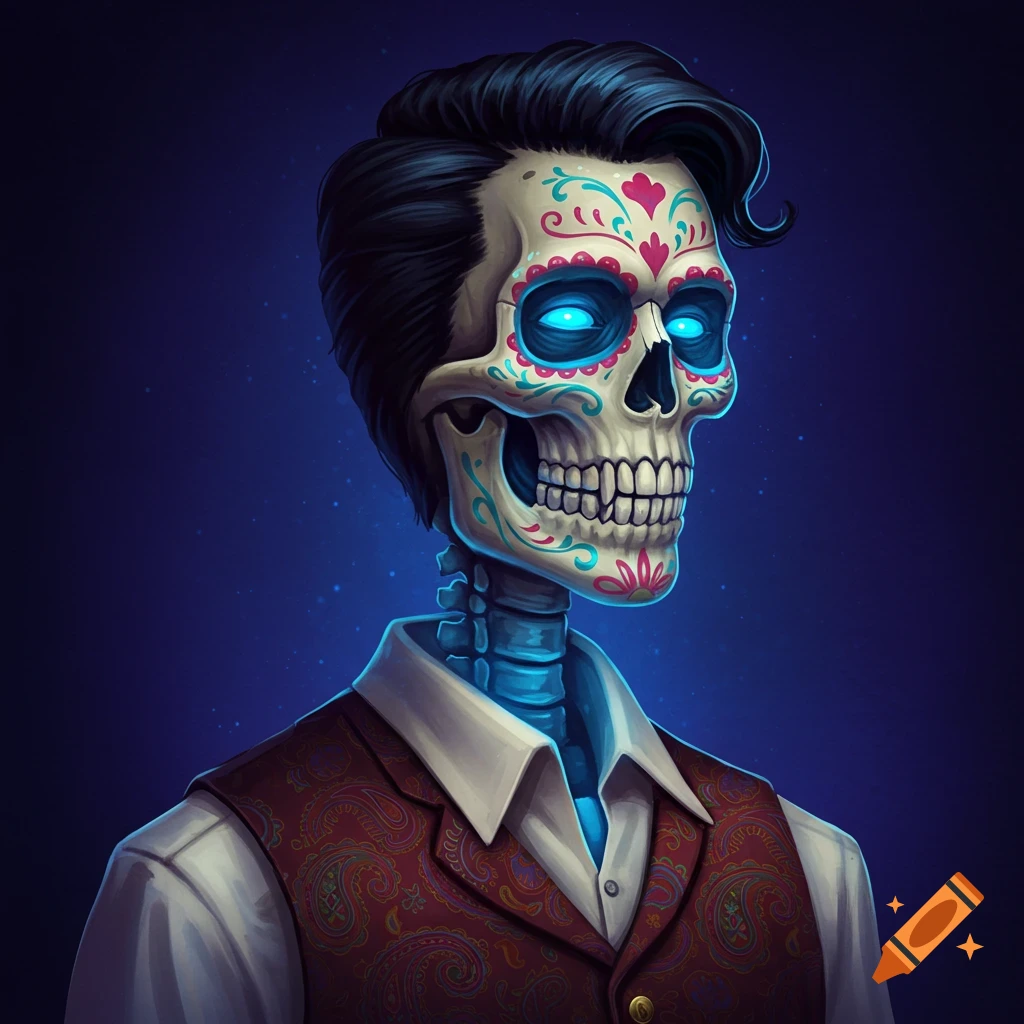 Stylized male Calavera-inspired skeleton with glowing blue eyes and swept-back dark hair, wearing a patterned red vest and white shirt, against a dark blue background.