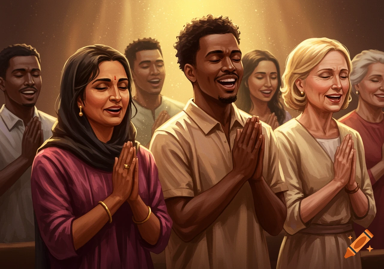 A group of diverse, happy people with eyes closed, hands pressed together in prayer, bathed in warm, golden light.