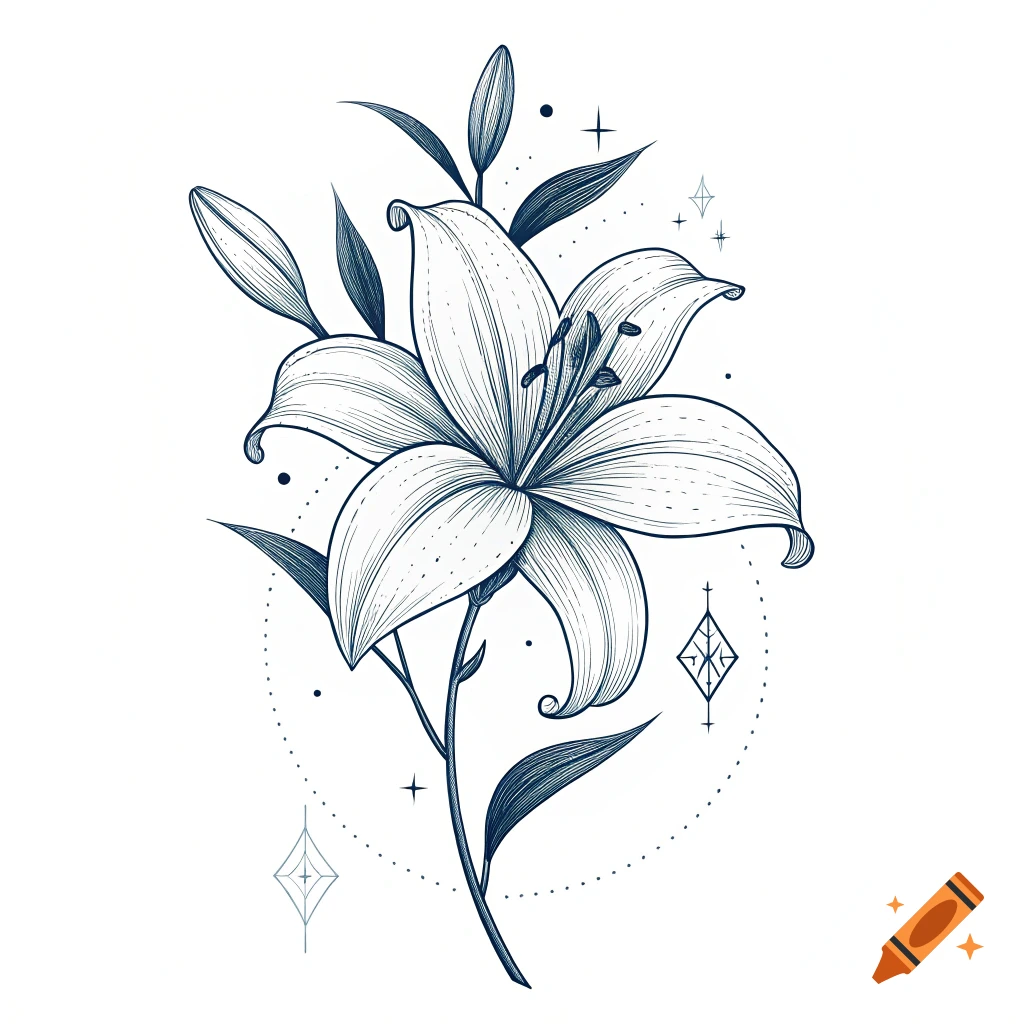 Dark blue line art illustration of a lily flower with two buds, leaves, and abstract starry elements on a white background, in a tattoo style.