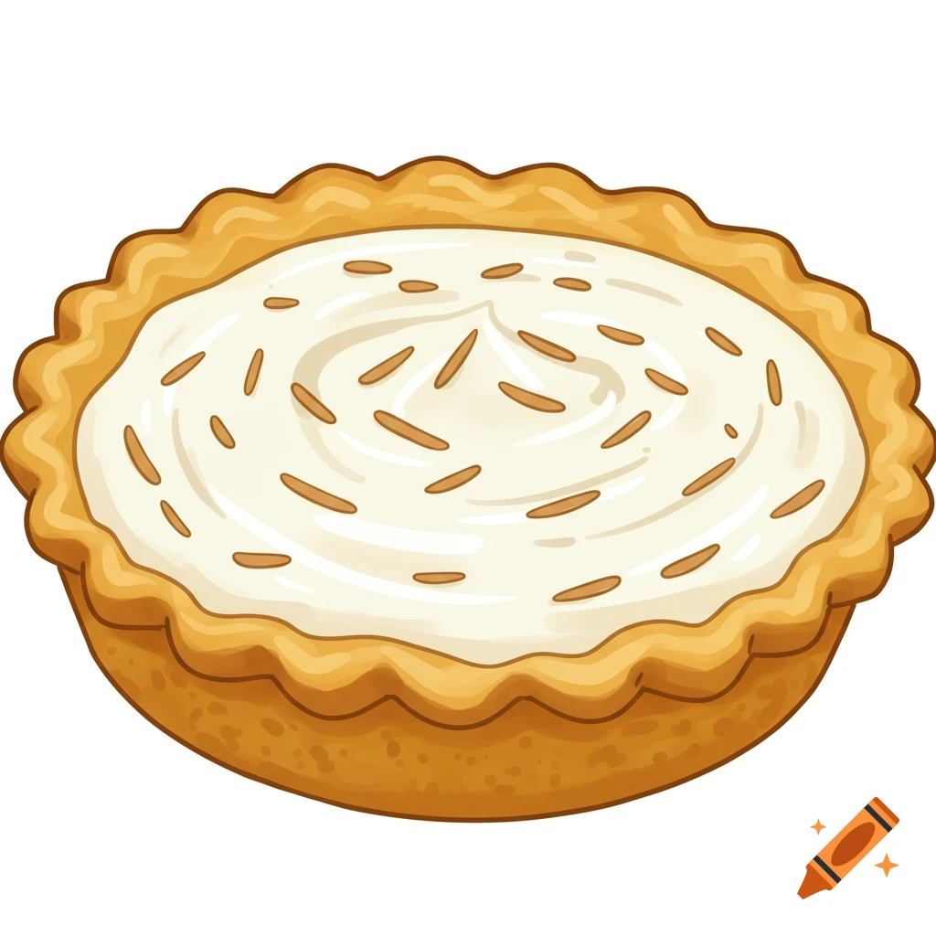 A cartoon coconut custard pie with swirled white topping and brown sprinkles, top view.