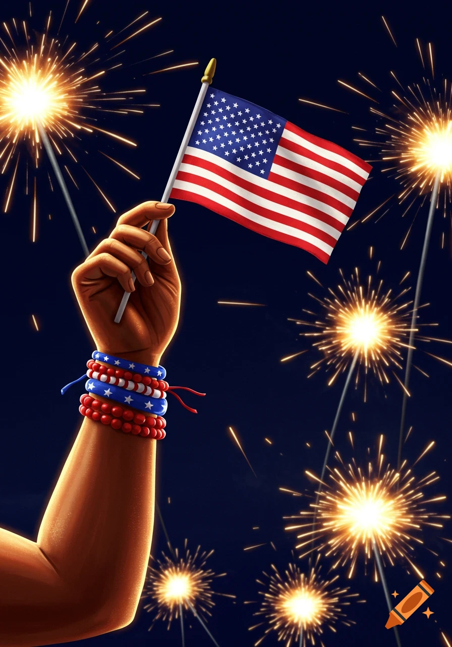 Close-up of a hand holding a small American flag, with patriotic red, white, and blue bracelets and sparklers in the dark background.