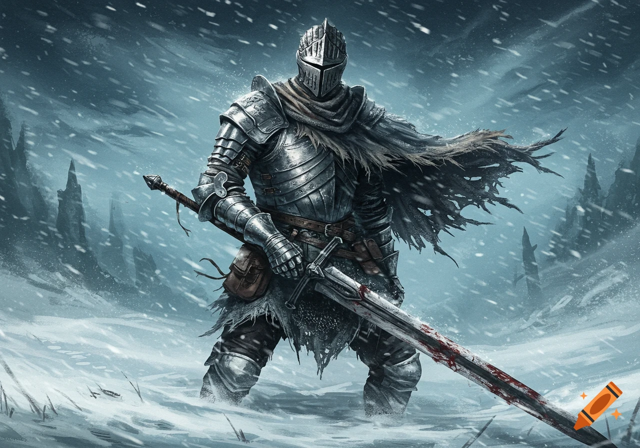 A knight in dark, detailed plate armor stands in a blizzard, holding a blood-stained greatsword in a snowy landscape.