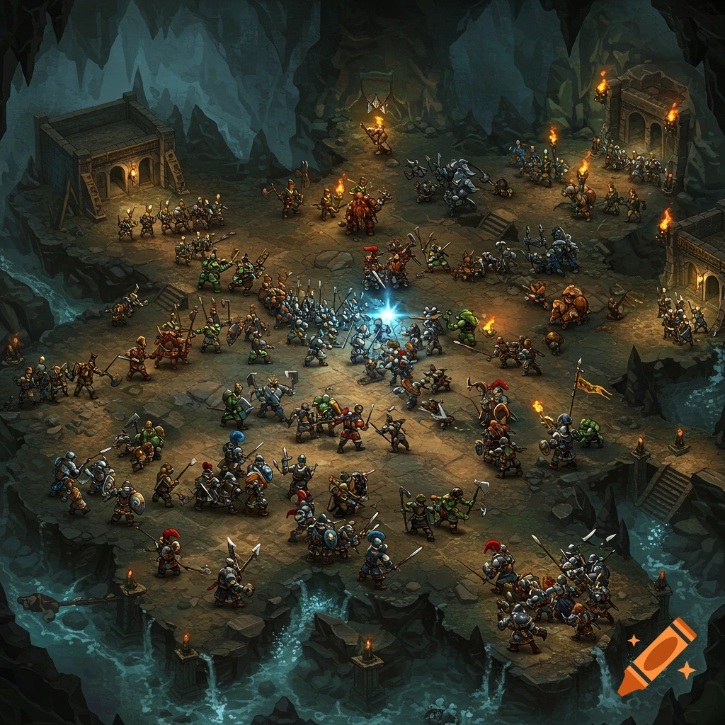 An isometric view of a fantasy battle taking place in a vast, dark underground cave, with numerous small warriors engaged in combat, illuminated by torchlight and a central bright magical glow.