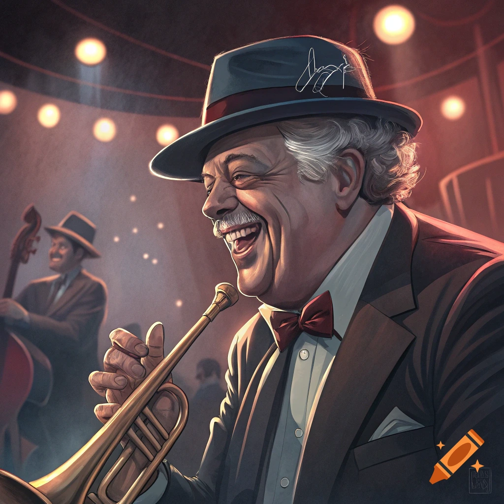 A man with a mustache and gray hair laughs while playing a trumpet in a dimly lit jazz club. He wears a suit, bow tie, and fedora.