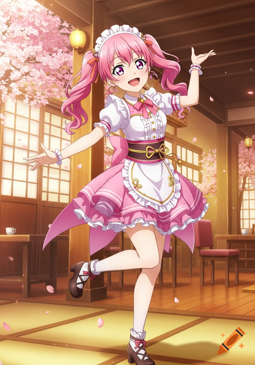 An anime girl with pink hair in a pink and white maid dress poses in a Japanese room with cherry blossoms.