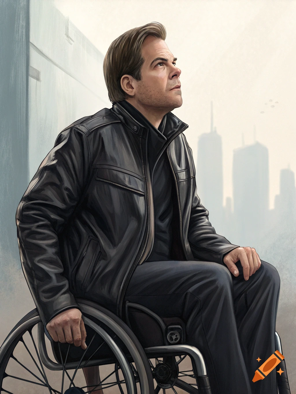 An illustrated man in a black leather jacket sitting in a wheelchair, looking upward with a city skyline in the background.