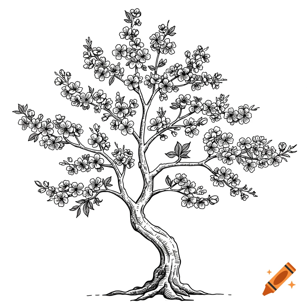 A detailed black and white sketch of a cherry blossom tree with many flowers and intricate branches.