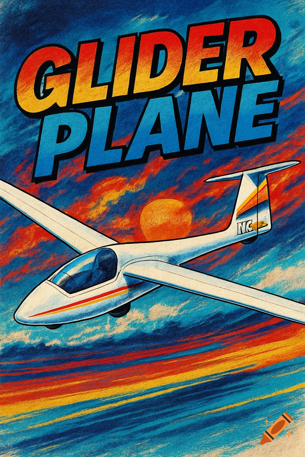 Retro illustration of a white glider plane soaring against a vibrant sunset sky, with 'GLIDER PLANE' text.