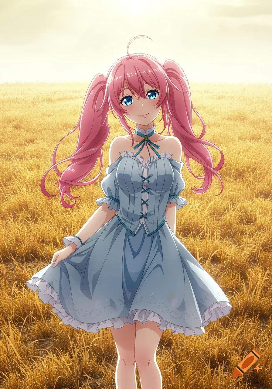 An anime girl with pink pigtails and a blue dress stands in a golden ...