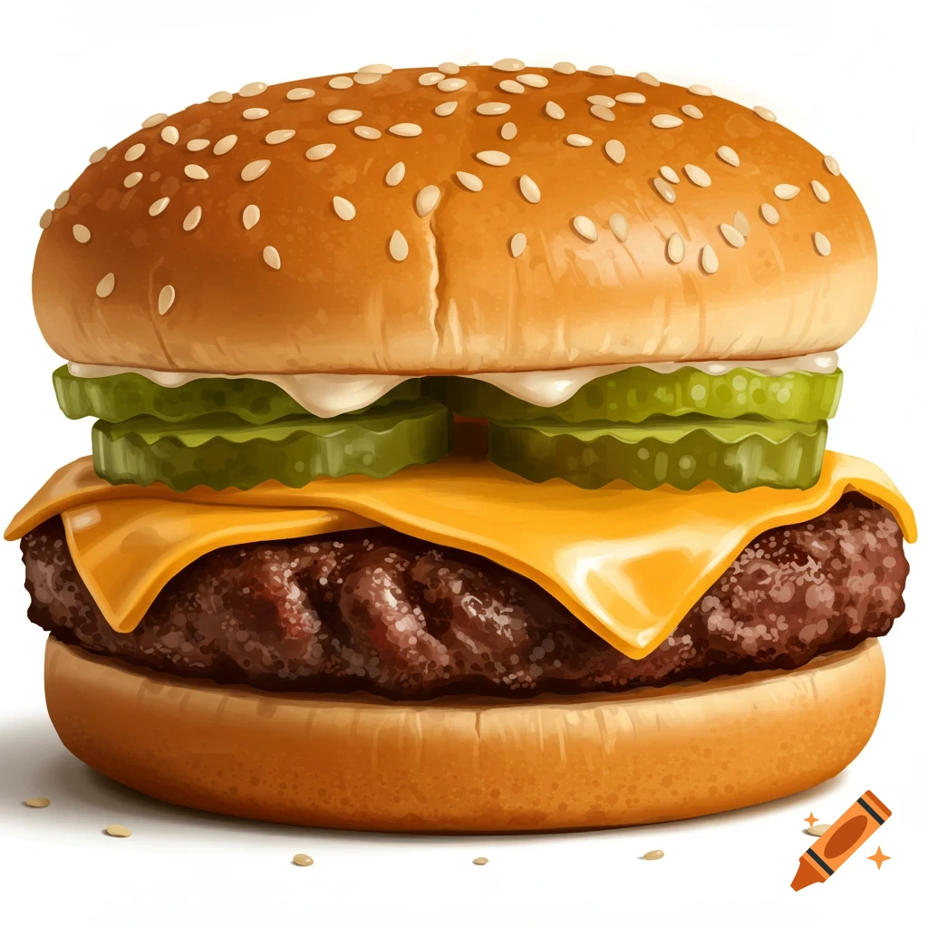 A close-up, highly detailed illustration of a cheeseburger with pickles and melted cheese on a sesame seed bun.
