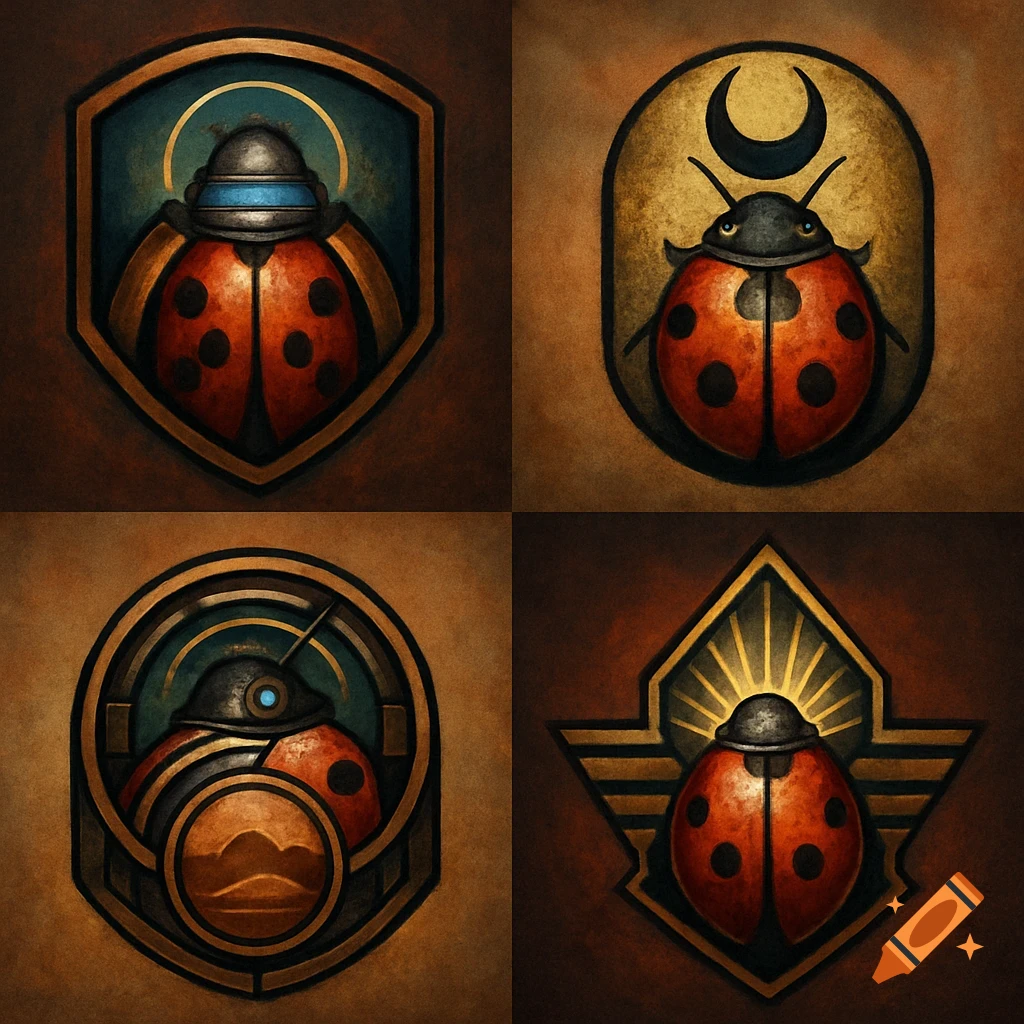Four stylized, metallic ladybug emblems with sci-fi and Art Deco elements on a textured brown background.