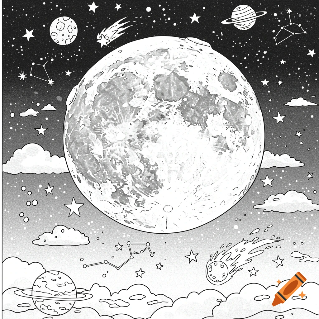 A black and white coloring page illustration featuring a large full moon, surrounded by stars, comets, planets, and clouds in a night sky.