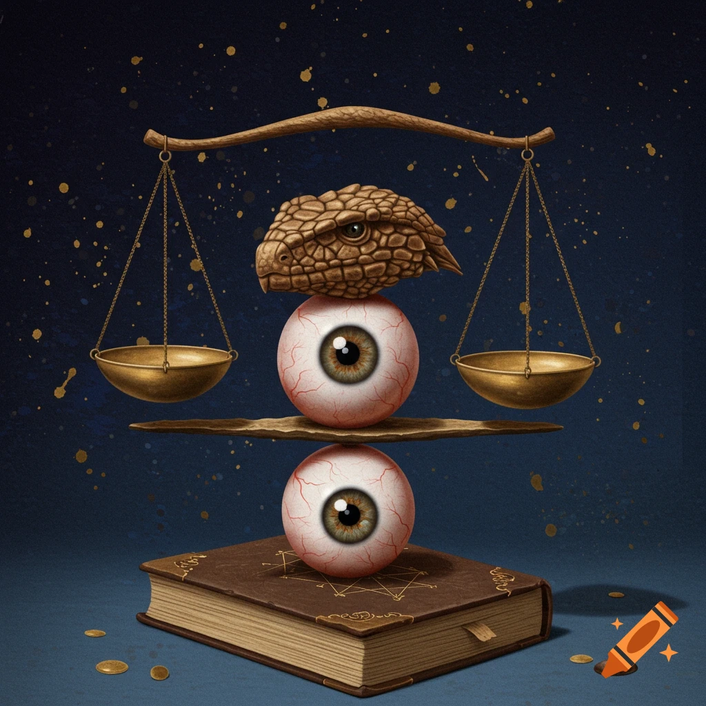 A surrealistic image of a balance scale with a reptilian head perched atop an eyeball, all resting on a wooden shelf above another eyeball, which in turn sits on a brown book.