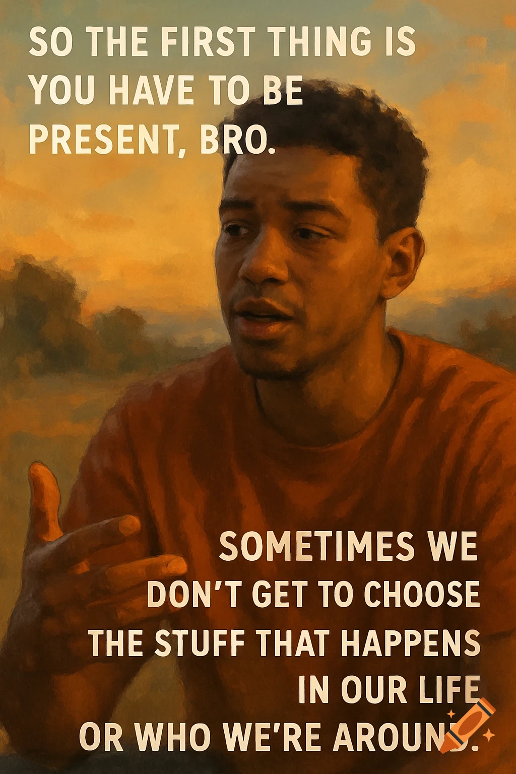 A digital painting of a man with an earnest expression, against an orange sky, with motivational text.