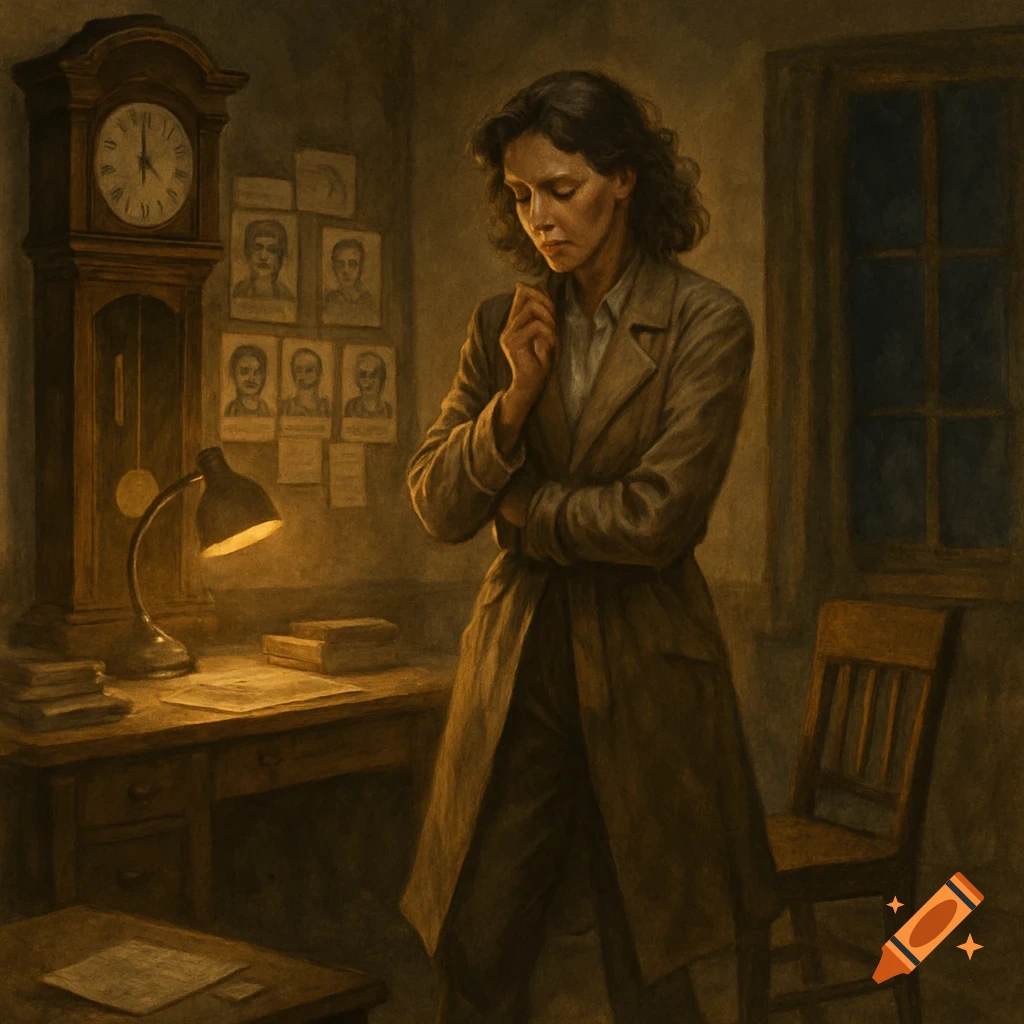 A woman in a trench coat stands thoughtfully in a dimly lit, moody office with a grandfather clock, desk, and portraits on the wall, in a painterly style.