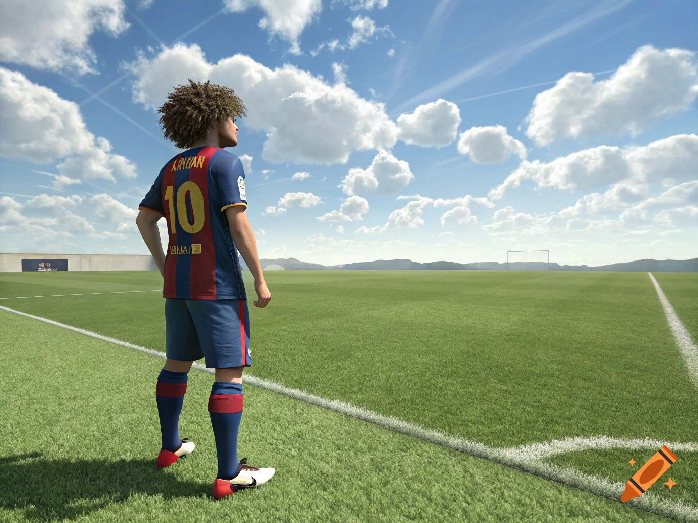 A soccer player in a blue and red Barcelona-style jersey with the number 10 on the back, standing on a green soccer field under a blue sky with white clouds.