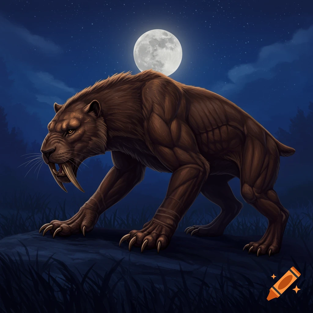 A brown saber-toothed tiger stands on a rock under a full moon at night, with a dark forest in the background.
