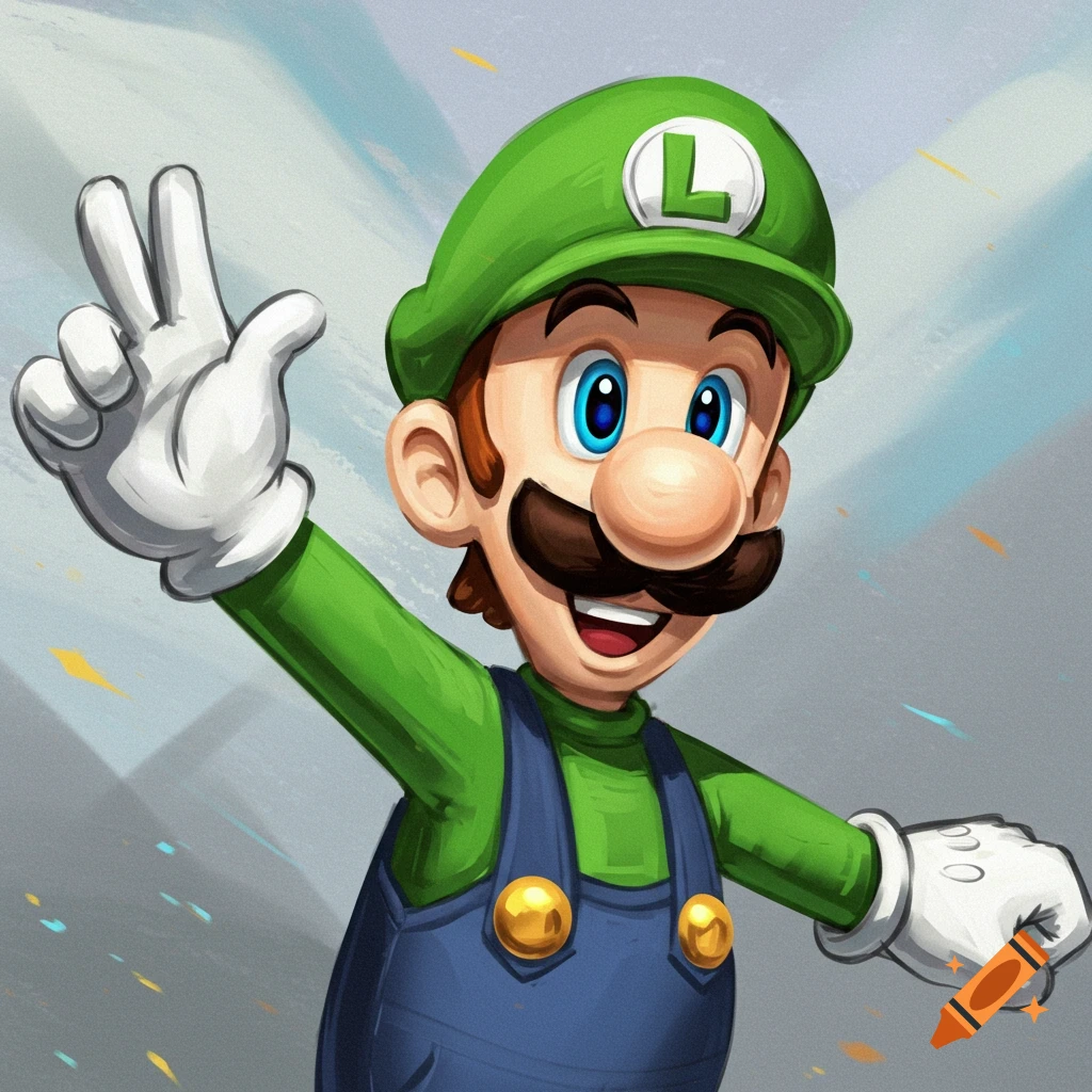 Luigi from Super Mario Bros. raises his hand in a victory sign, smiling in a colorful cartoon art style.