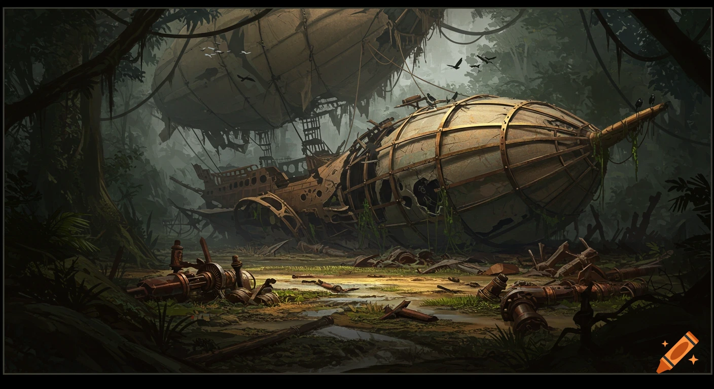 A large, derelict steampunk airship crashed in a dense, overgrown jungle.