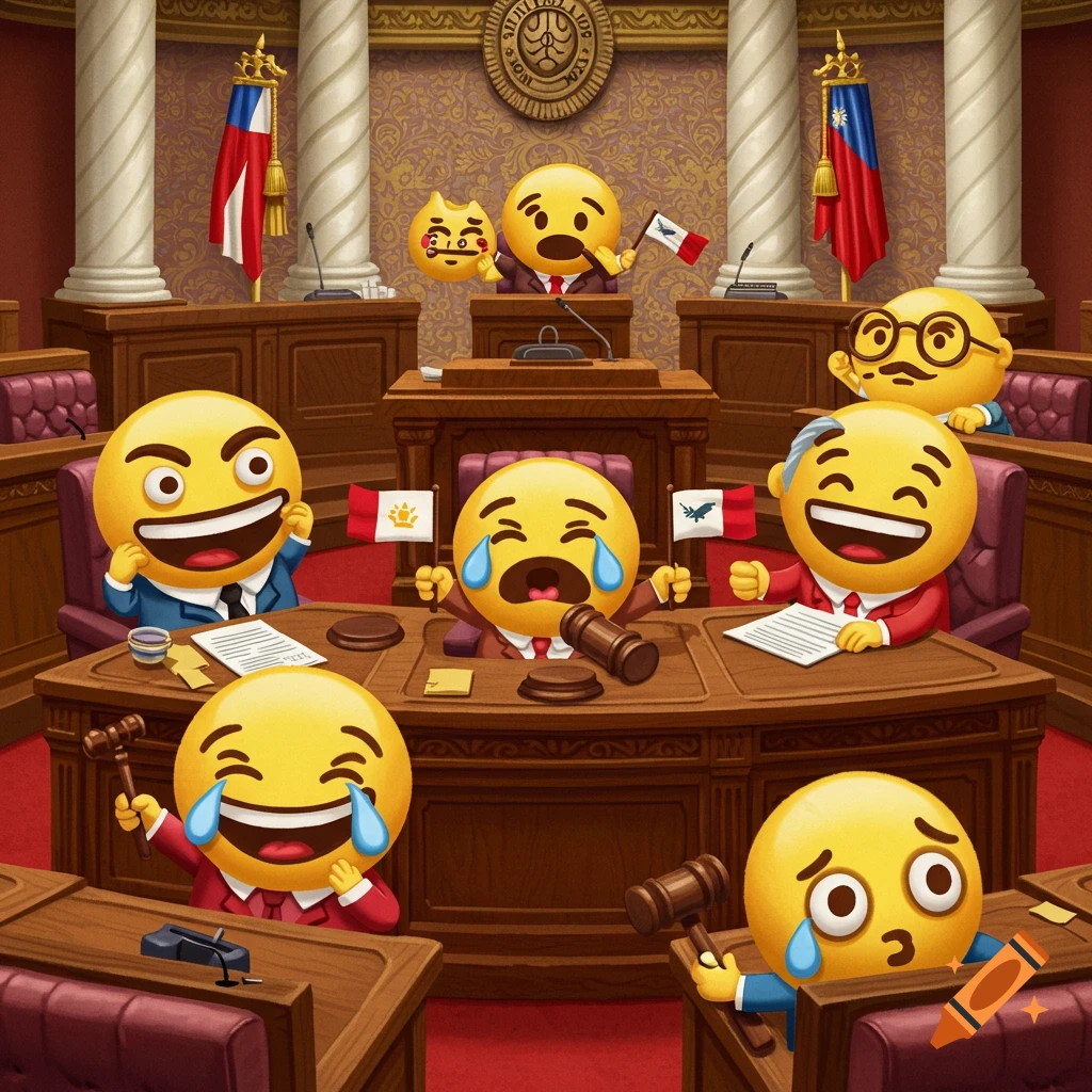 Cartoon emojis as politicians in a legislative chamber, some crying, some laughing, holding gavels and flags.