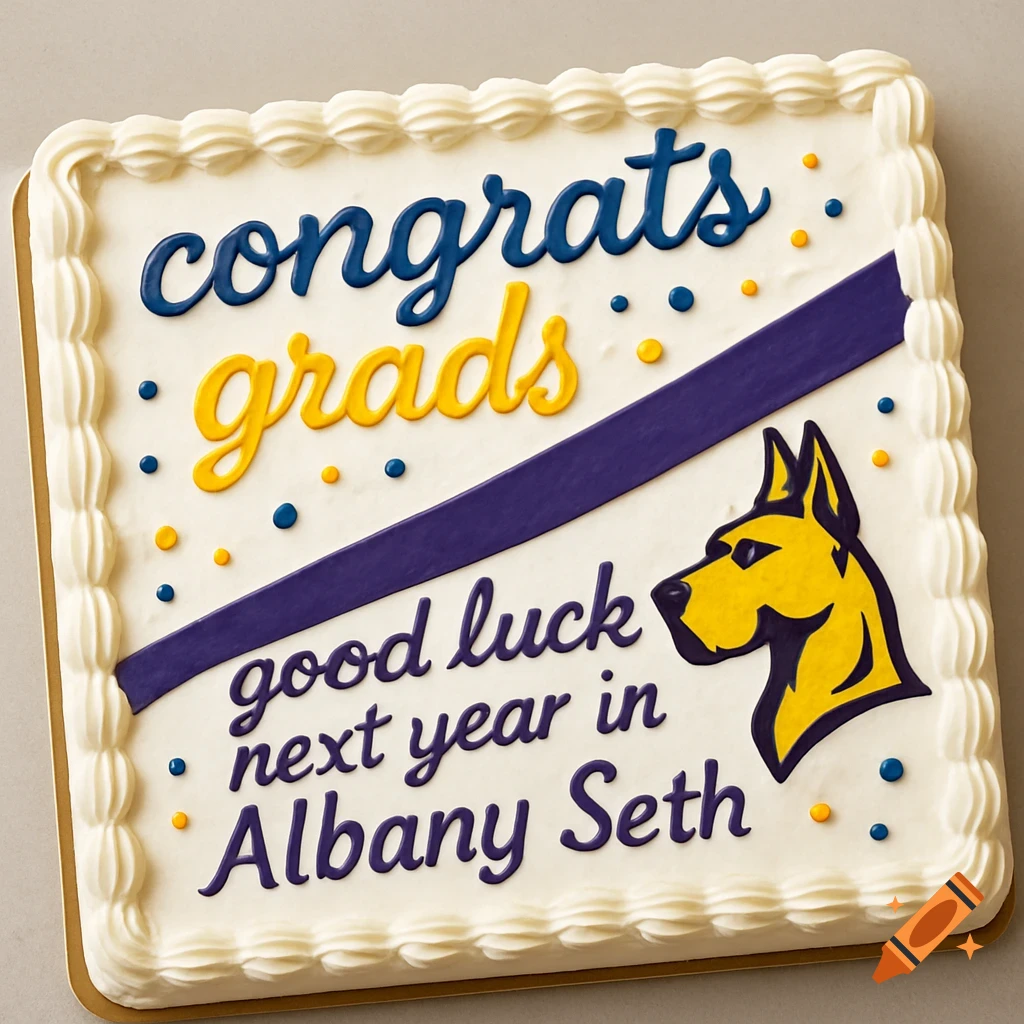A rectangular white frosted cake decorated with blue and yellow 'congrats grads' and purple 'good luck next year in Albany Seth' text, a purple diagonal stripe, and a yellow and blue Great Dane mascot head.