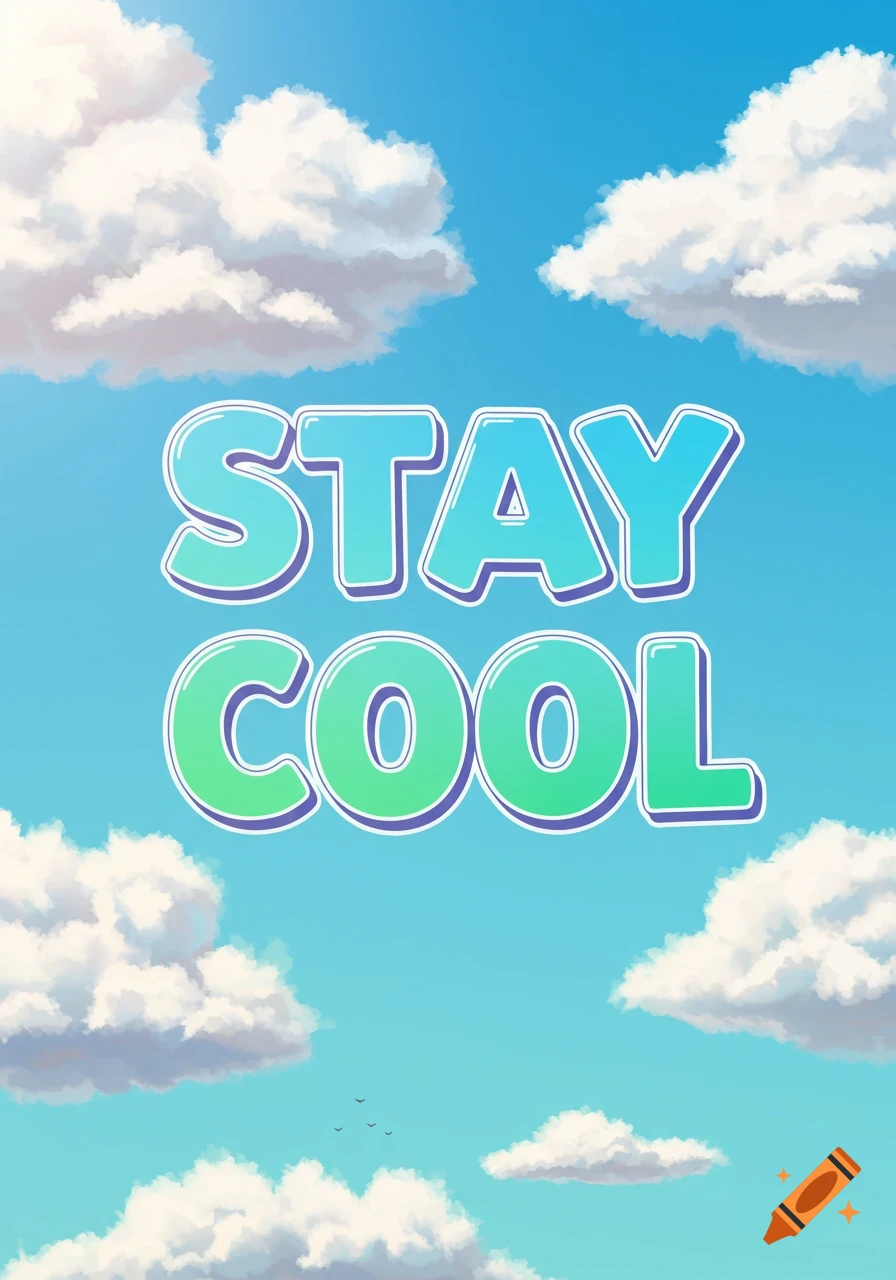 Bubble letters spelling "STAY COOL" in blue and green against a bright blue sky with white clouds, illustration style.