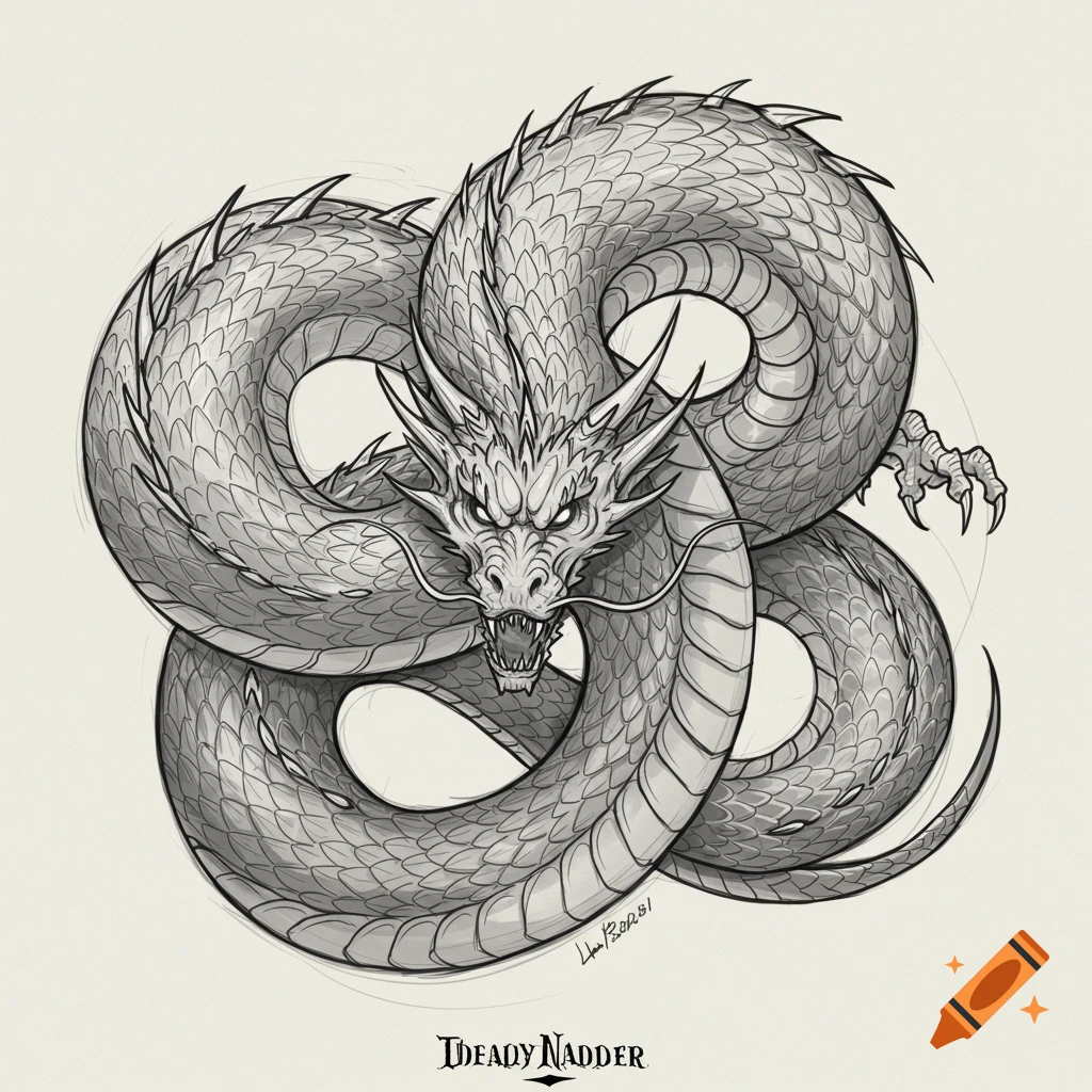 A coiled Eastern dragon in a detailed black and white sketch style, with scales, spikes, and prominent claws, viewed from above.