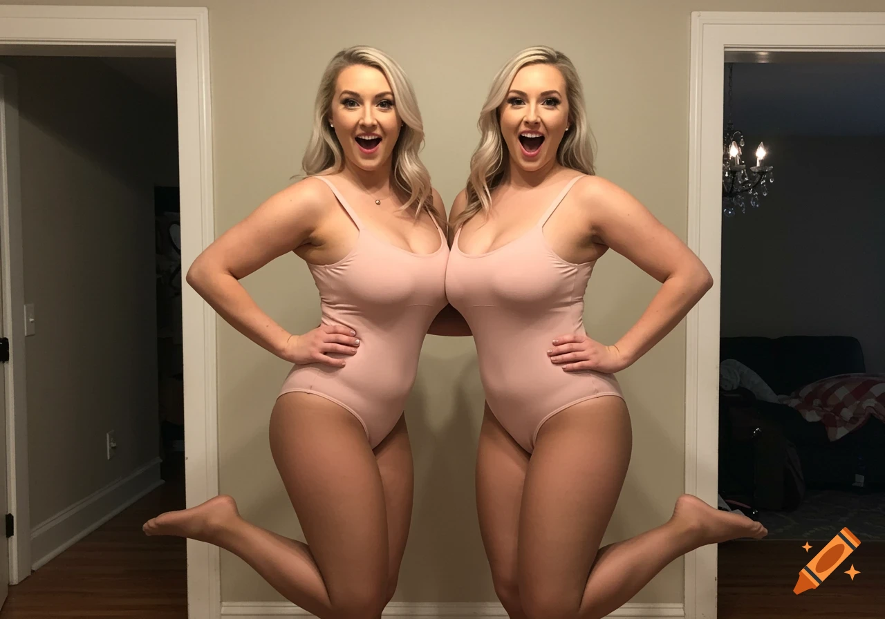 Two women, appearing as conjoined twins from the waist up due to a mirror illusion, pose playfully in pink leotards, hands on hips.